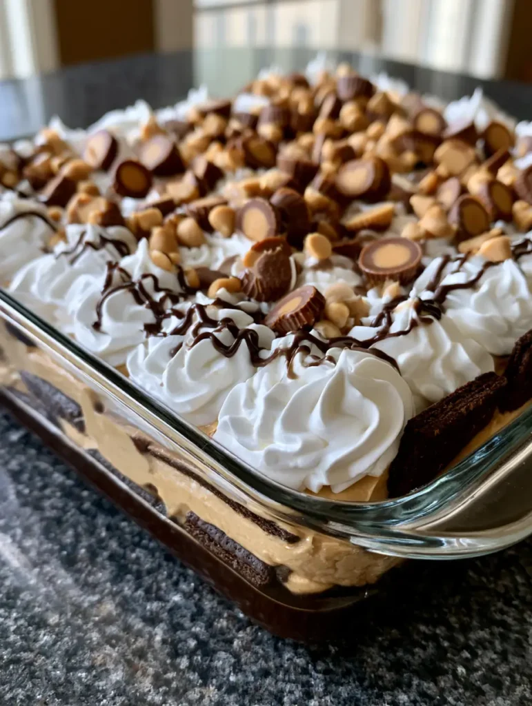 No-Bake Peanut Butter Dessert with Dark Chocolate Ganache 1 Handheld photo of a layered No-Bake Peanut Butter Dessert in a rectangular glass dish sitting on a dark kitchen counter.