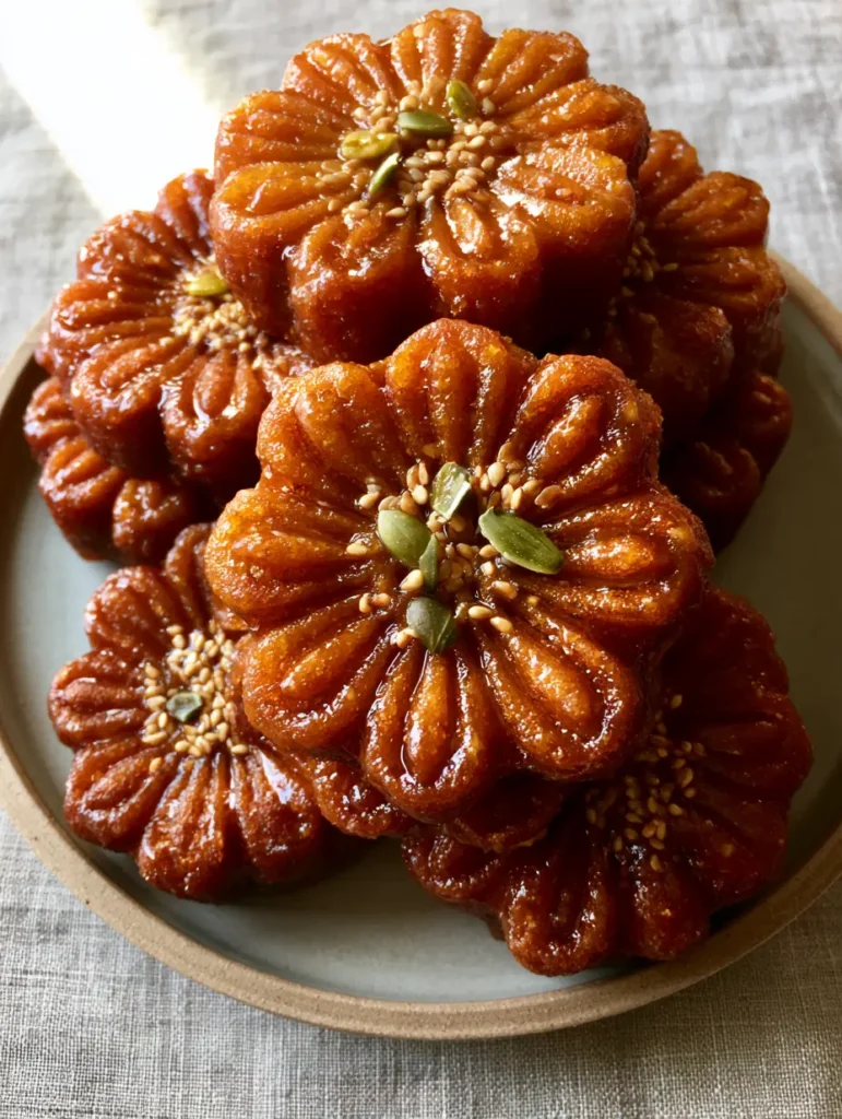 Flower-shaped Yakgwa Korean Honey Cookies on a neutral linen surface, showcasing the dense and moist texture.