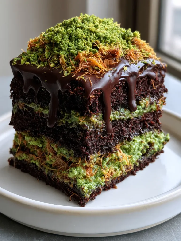 Dubai Chocolate Pistachio Cake with Toasted Kataifi and Glossy Ganache 1 A handheld smartphone photo showing the distinct toasted golden-brown kataifi layers inside the vibrant green pistachio cream. (Dubai Chocolate Pistachio Cake)