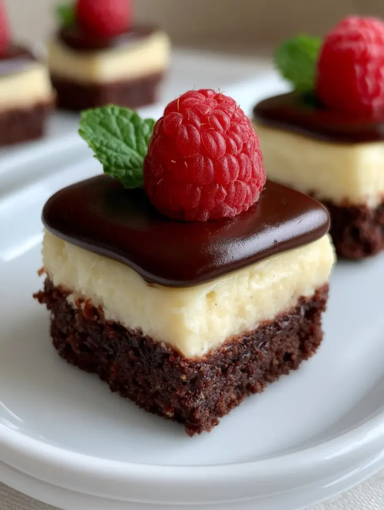 A smartphone-style photo of a handheld brownie bottom cheesecake bite showing the dense fudgy layer and ivory cheesecake filling.