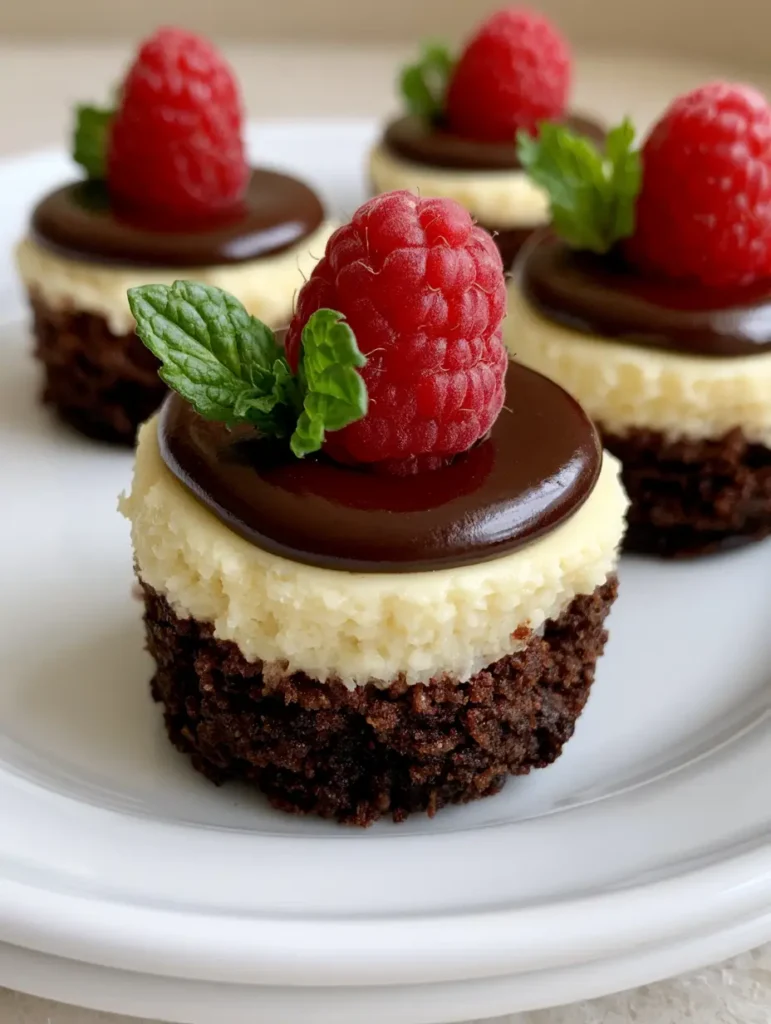 Brownie Bottom Mini Cheesecakes: The Ultimate Fudgy and Velvety Indulgence 1 Multiple individual cheesecake bites on a clean white plate with glossy chocolate ganache and fresh fruit garnish.