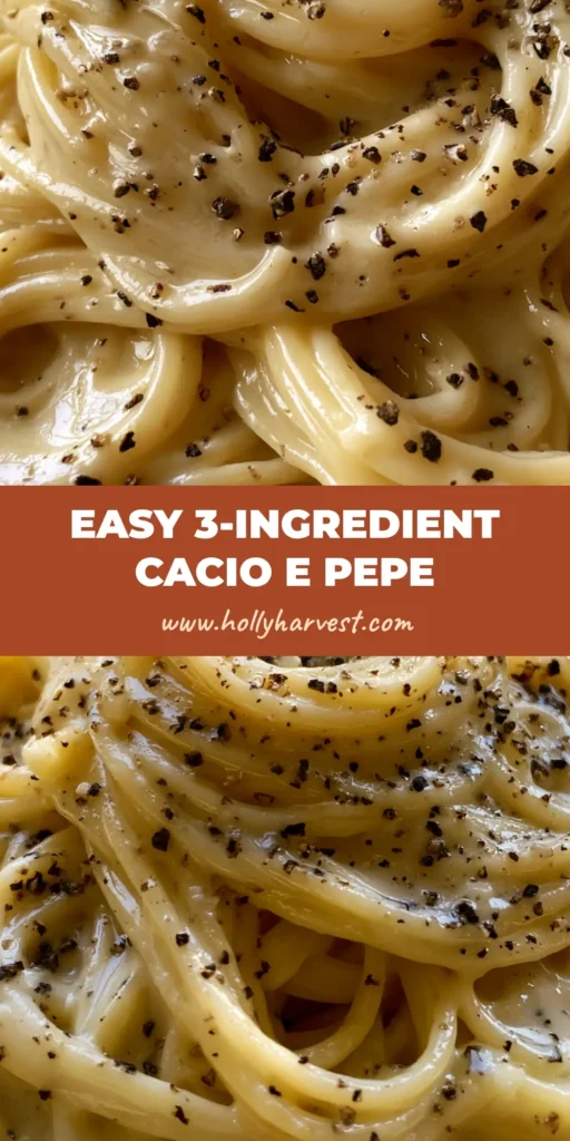 A tall twirled mound of spaghetti coated in a glossy Pecorino Romano sauce with coarse black pepper. (Cacio e Pepe recipe)