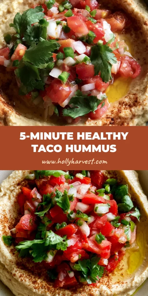 A shallow ceramic bowl of smooth creamy Taco Hummus topped with fresh pico de gallo, cilantro, taco seasoning, and olive oil on a neutral table.
