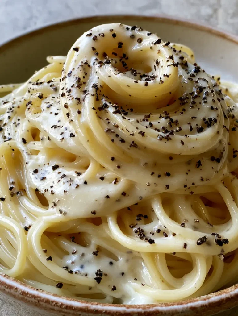 Close-up of spaghetti with a pale cream-colored cheese emulsion and large cracked black pepper specks in a ceramic bowl. (Cacio e Pepe recipe)