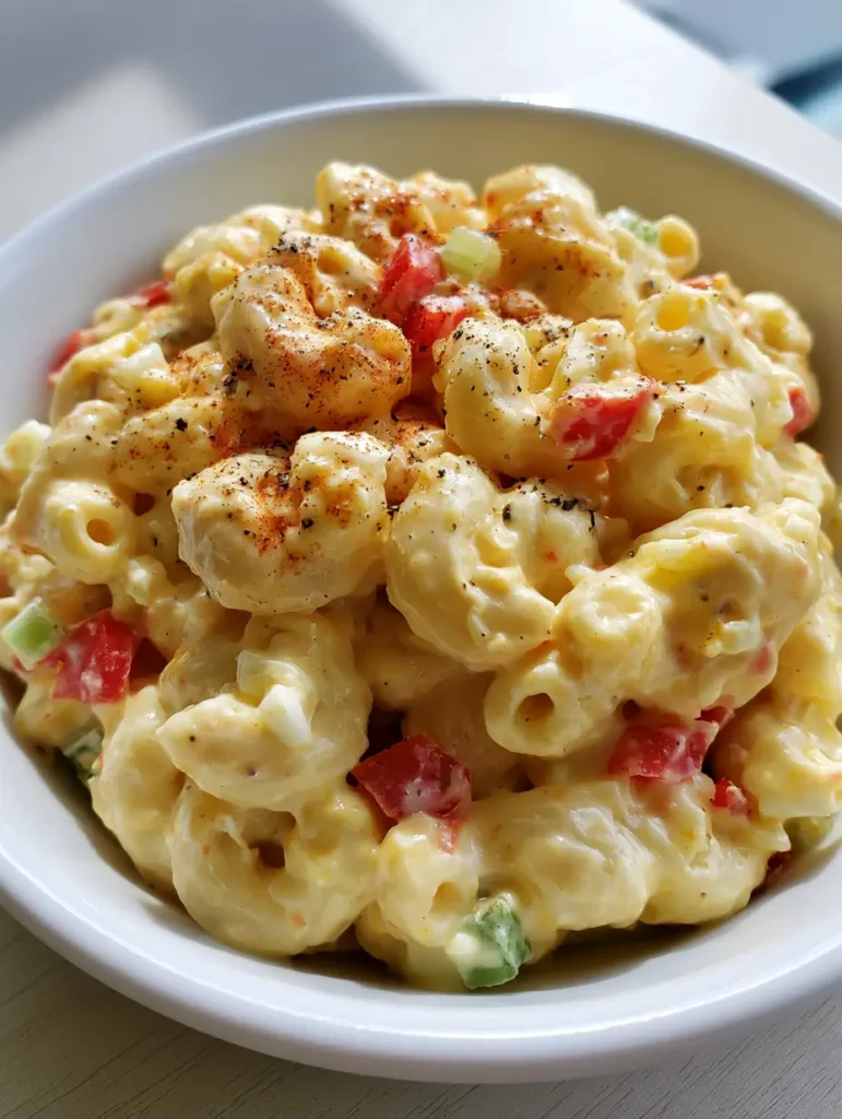Amish Pasta Salad: The Ultimate Creamy and Tangy Summer Classic 1 Close up of the textures in the Amish Pasta Salad including diced red peppers and crunchy celery in a yellow creamy sauce.
