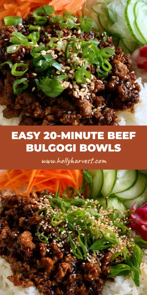 Korean Ground Beef Bulgogi Bowl with Sweet Soy Glaze and Jasmine Rice 4 A clean, organized Korean Ground Beef Bulgogi Bowl with glistening glazed beef, julienned carrots, sliced cucumbers, and radishes on a bed of jasmine rice. (Korean Ground Beef Bulgogi Bowl)
