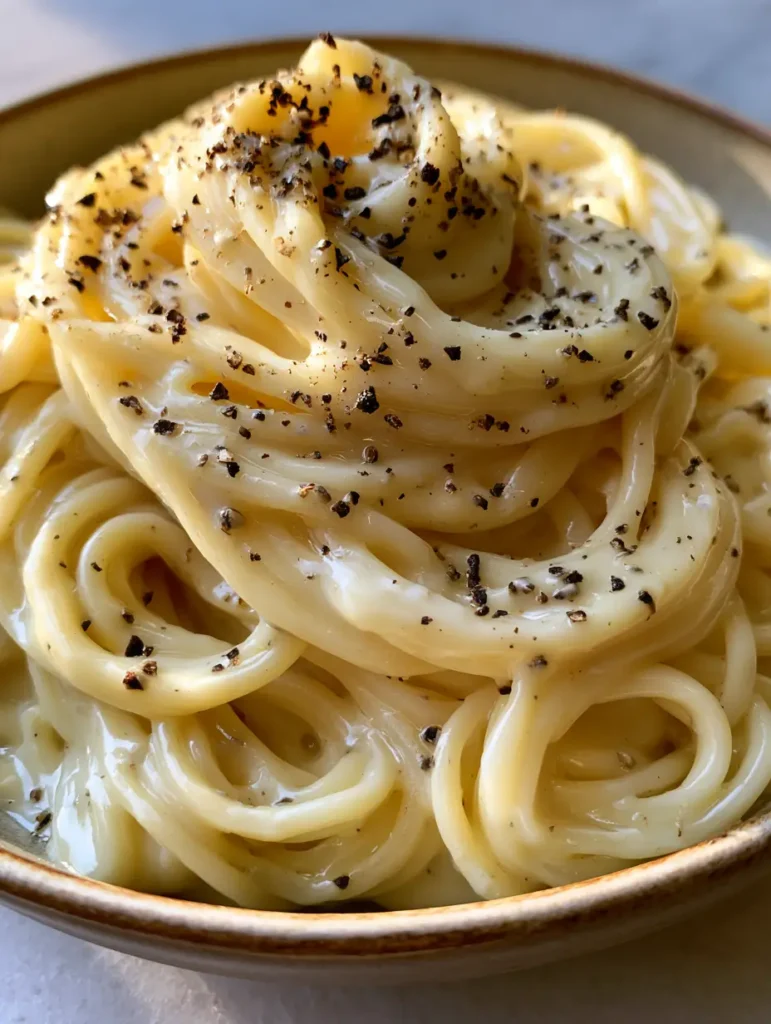 Handheld photo of twirled Cacio e Pepe pasta showing the authentic texture of the Pecorino sauce. (Cacio e Pepe recipe)