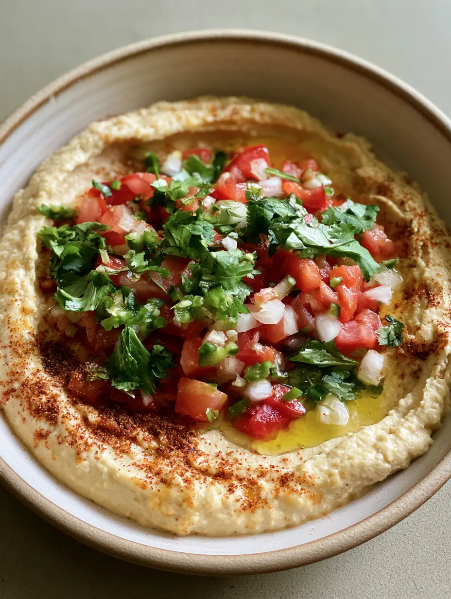 Overhead shot of Taco Hummus in a beige bowl featuring diced tomatoes, white onions, and jalapenos with a light oil drizzle.