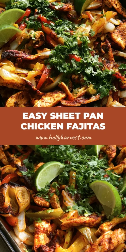 Sheet Pan Chicken Fajitas: The Ultimate Weeknight Sizzle and Char 4 A dark metal sheet pan filled with Sheet Pan Chicken Fajitas, featuring seared chicken, blistered peppers, and lime wedges.