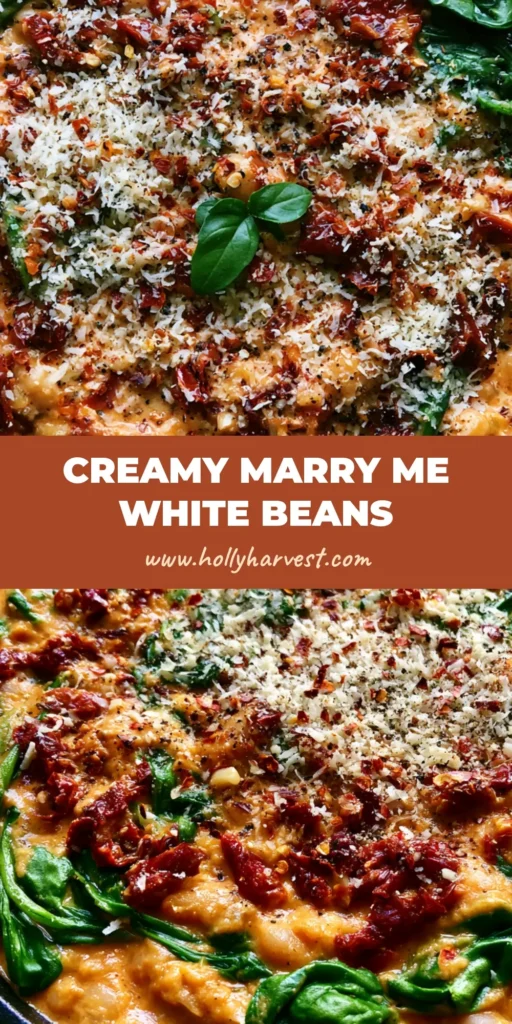 A rustic black cast iron skillet filled with Marry Me White Beans in a creamy orange sauce with spinach and basil garnish.