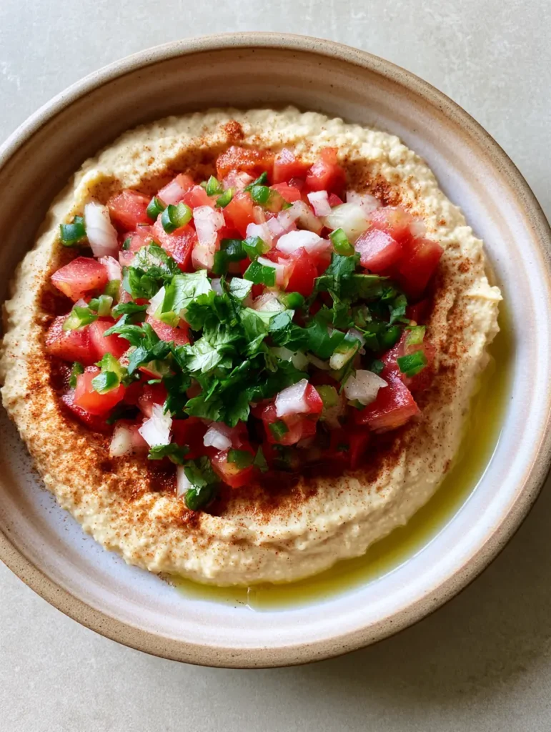 Close-up of creamy Taco Hummus with a focus on the reddish-brown taco seasoning and fresh cilantro leaves.