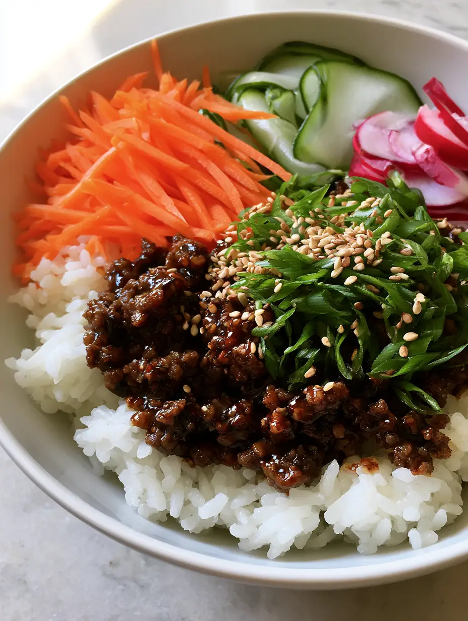 Korean Ground Beef Bulgogi Bowl with Sweet Soy Glaze and Jasmine Rice 3 Overhead view of a ceramic bowl containing caramelized ground beef bulgogi and vibrant raw vegetables on jasmine rice. (Korean Ground Beef Bulgogi Bowl)