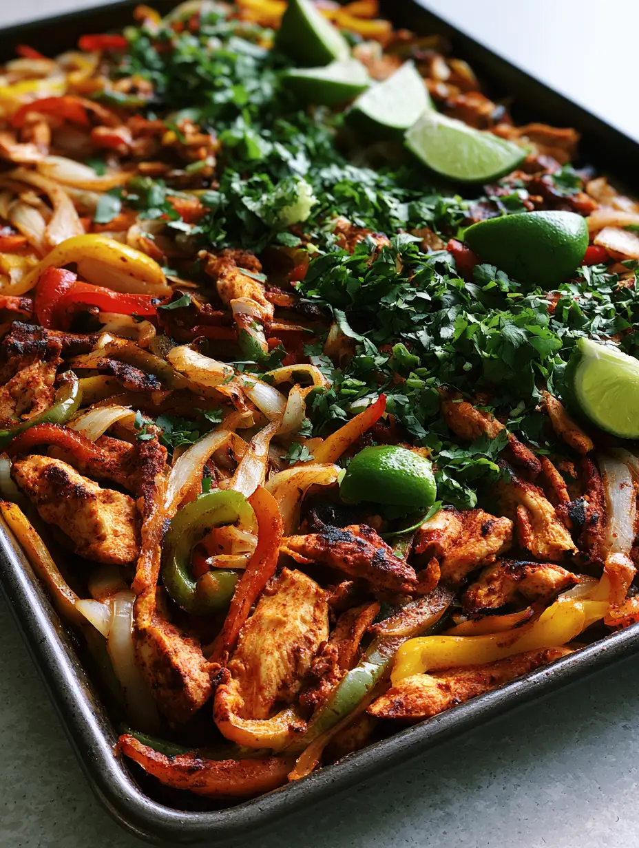 Sheet Pan Chicken Fajitas: The Ultimate Weeknight Sizzle and Char 3 Close up of sizzling chicken fajitas on a dark pan with translucent onions and red peppers. (Sheet Pan Chicken Fajitas)