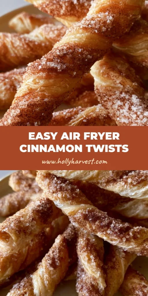 A high-angle shot of a pile of golden-brown Air Fryer Cinnamon Sugar Twists on a white plate, showing flaky layers and a cinnamon coating.