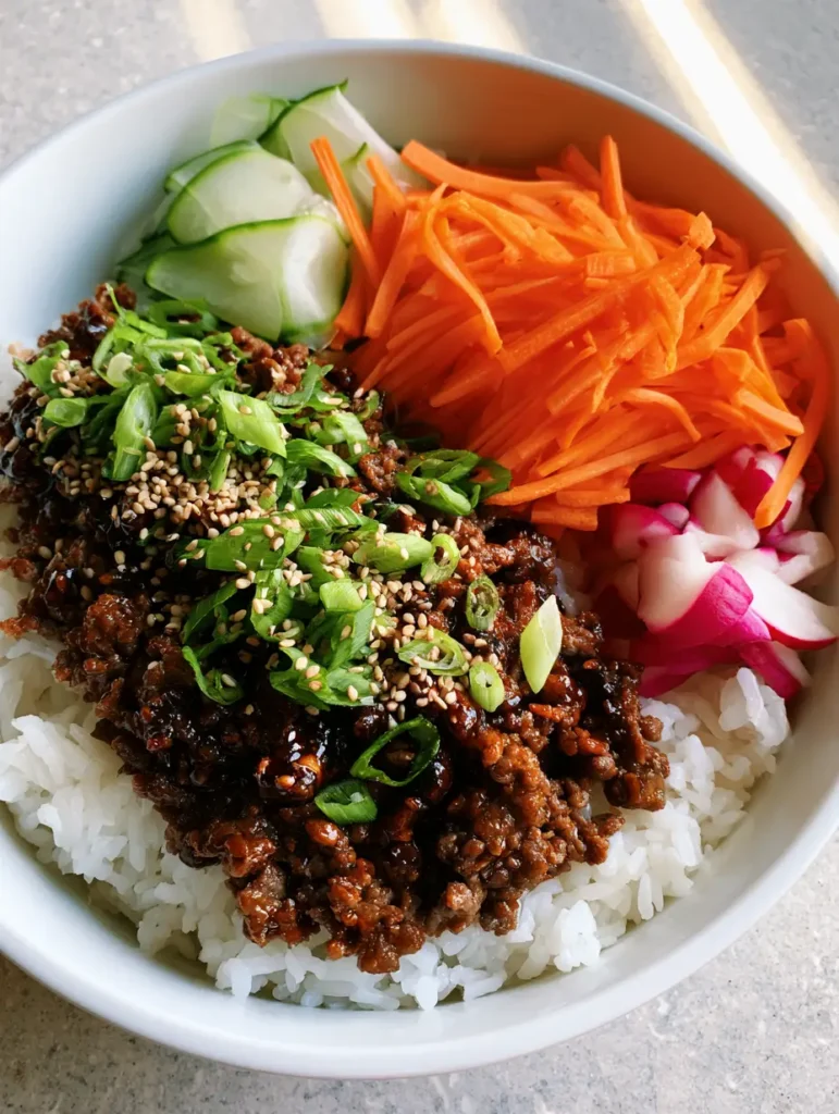 Korean Ground Beef Bulgogi Bowl with Sweet Soy Glaze and Jasmine Rice 1 Close up of glistening dark brown viscous soy and sesame glaze on ground beef crumbles. (Korean Ground Beef Bulgogi Bowl)