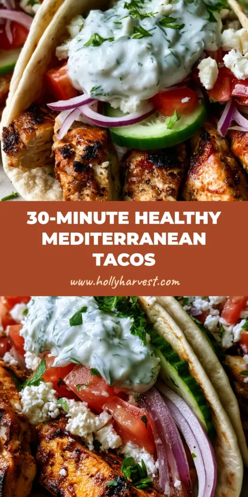 Mediterranean Chicken Tacos with Creamy Dill Tzatziki and Charred Chicken 4 A close-up handheld shot of Mediterranean Chicken Tacos filled with charred chicken, white tzatziki, and fresh vegetables on a white plate. (Mediterranean Chicken Tacos)
