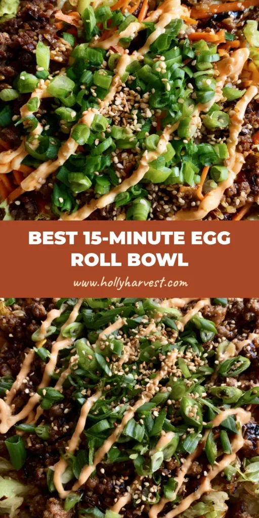 A top-down view of an Egg Roll in a Bowl featuring browned ground beef, shredded cabbage, carrots, and a spicy mayo drizzle in a ceramic bowl.