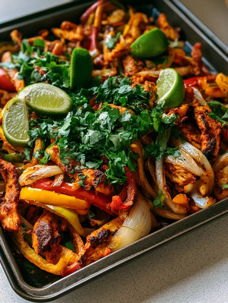 Sheet Pan Chicken Fajitas: The Ultimate Weeknight Sizzle and Char 1 Sheet Pan Chicken Fajitas garnished with lime and cilantro on a grey countertop.