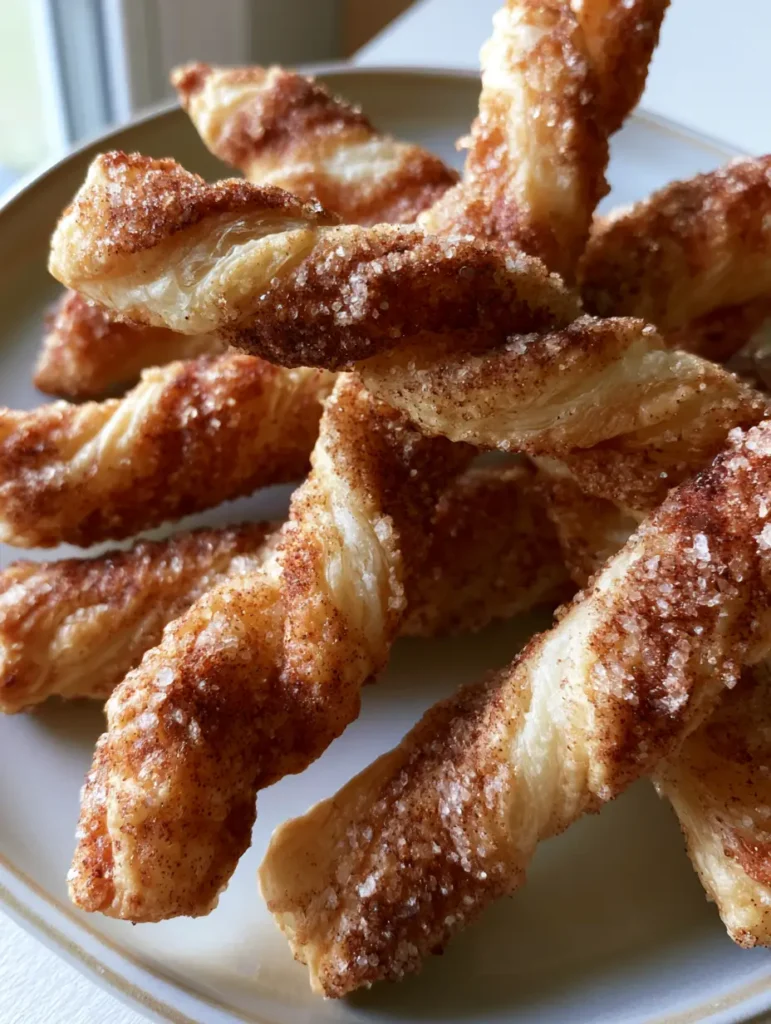 Close-up of crispy Air Fryer Cinnamon Sugar Twists with visible sugar crystals and flaky puff pastry layers.