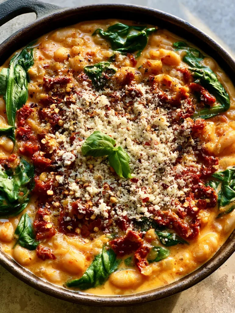 Cast iron skillet containing Marry Me White Beans garnished with red pepper flakes, parmesan, and fresh basil leaves.
