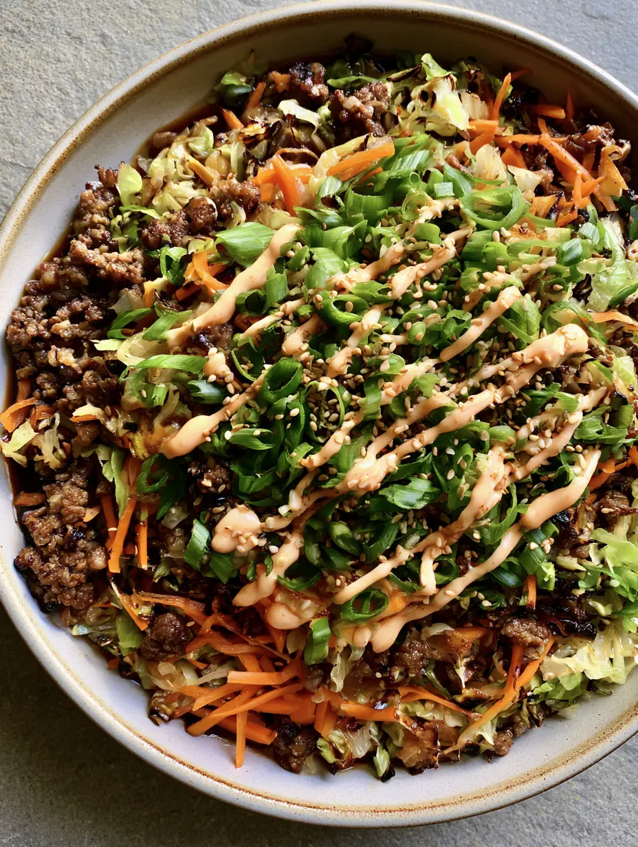 Close-up of Egg Roll in a Bowl showing caramelized cabbage edges and glossy soy sauce glaze.