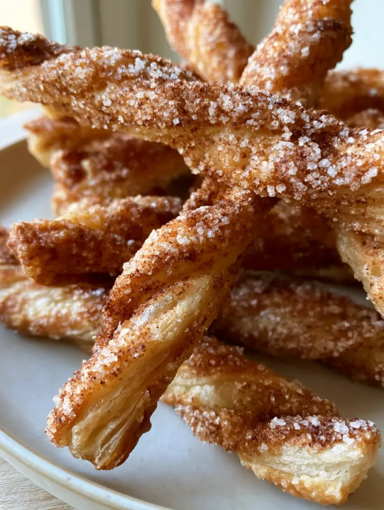 Air Fryer Cinnamon Sugar Twists: The Ultimate Crispy Puff Pastry Hack 1 A stack of golden-brown dough twists coated in dark ground cinnamon and white sugar on a ceramic plate.