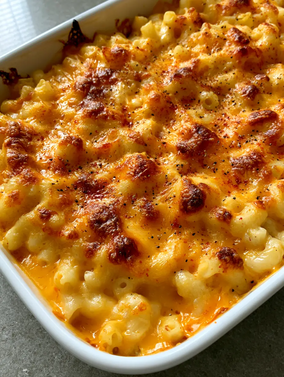Close-up of Baked Macaroni and Cheese showing glossy orange sauce and toasted cheese spots.