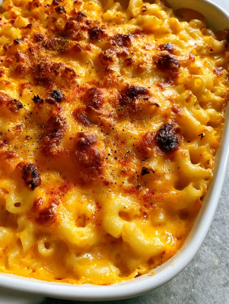 Slightly overhead shot of a deep white ceramic dish filled with bubbly Baked Macaroni and Cheese.