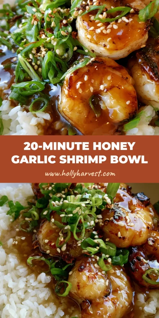 A close-up vertical shot of a Honey Garlic Shrimp Rice Bowl with glossy glazed shrimp and fresh green scallions.