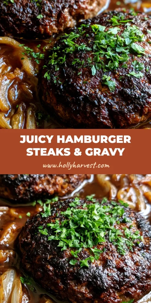A close-up of thick oval Hamburger Steaks with Onion Gravy in a cast iron skillet with fresh parsley garnish.