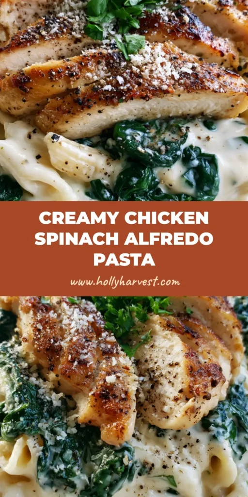 A top-down view of a white ceramic bowl featuring Chicken Spinach Alfredo Pasta with golden-brown seared chicken strips and fresh parsley.
