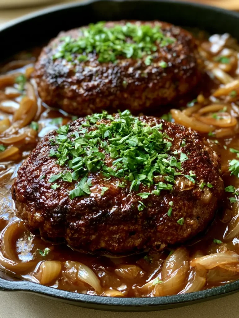 Top-down view of two seared Hamburger Steaks with Onion Gravy and translucent onion slivers.