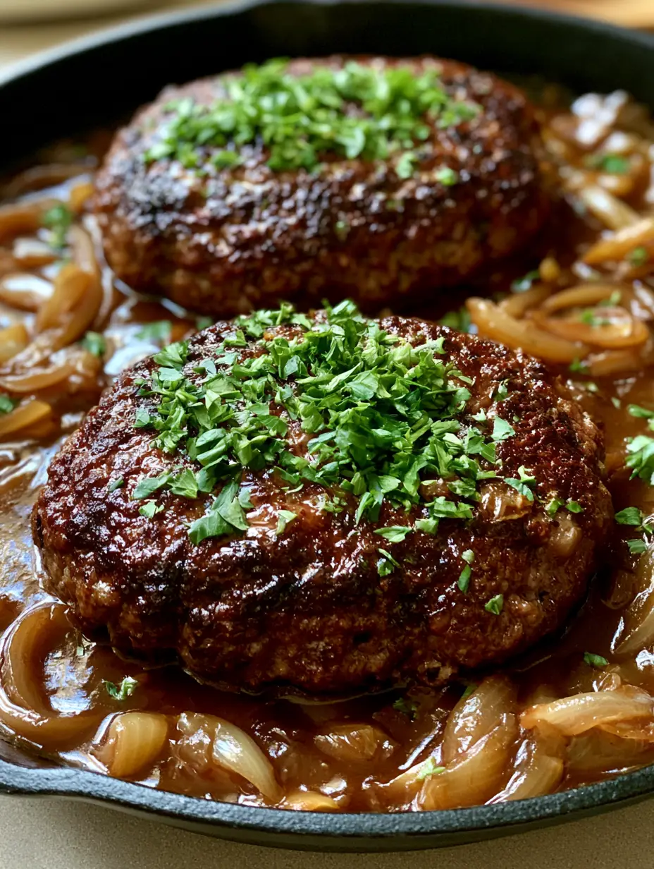Top-down view of two seared Hamburger Steaks with Onion Gravy and translucent onion slivers.