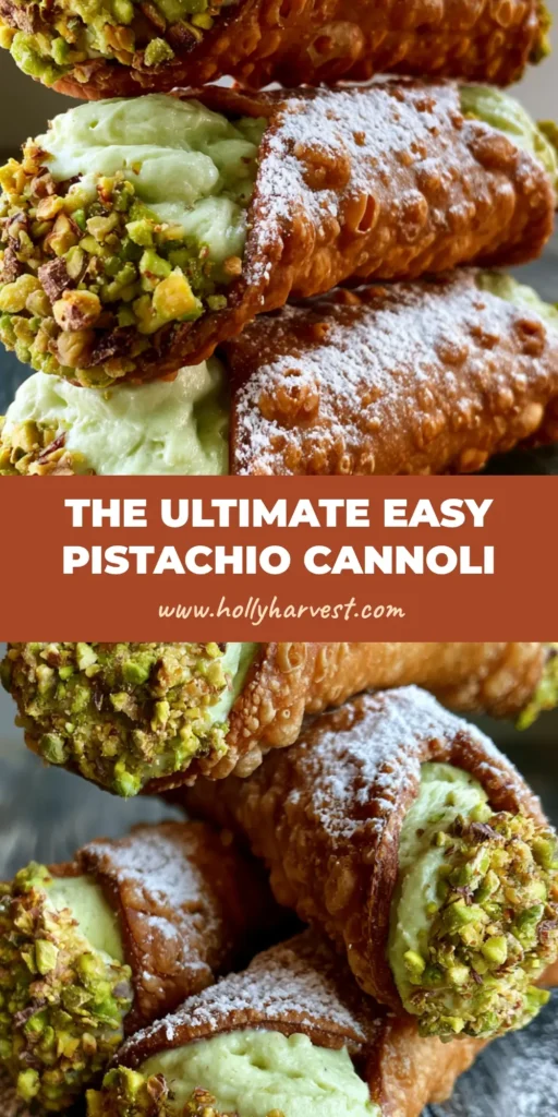 A stack of three crispy pistachio cannoli with vibrant green filling and chopped nuts on a dark wood surface. (Pistachio Cannoli Recipe)