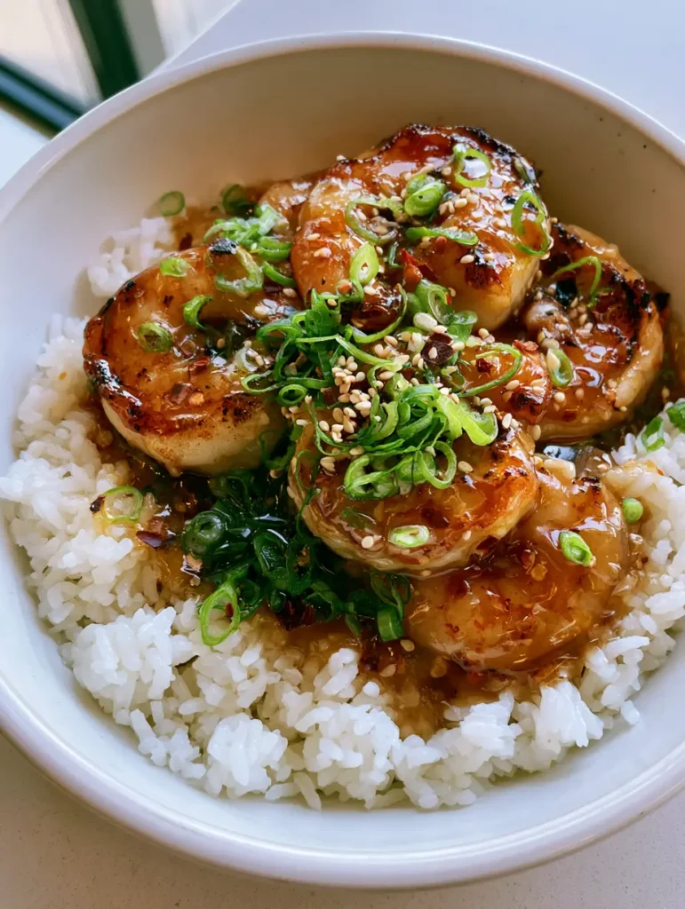 A close-up of thick glossy honey garlic sauce pooling at the base of charred shrimp over jasmine rice.
