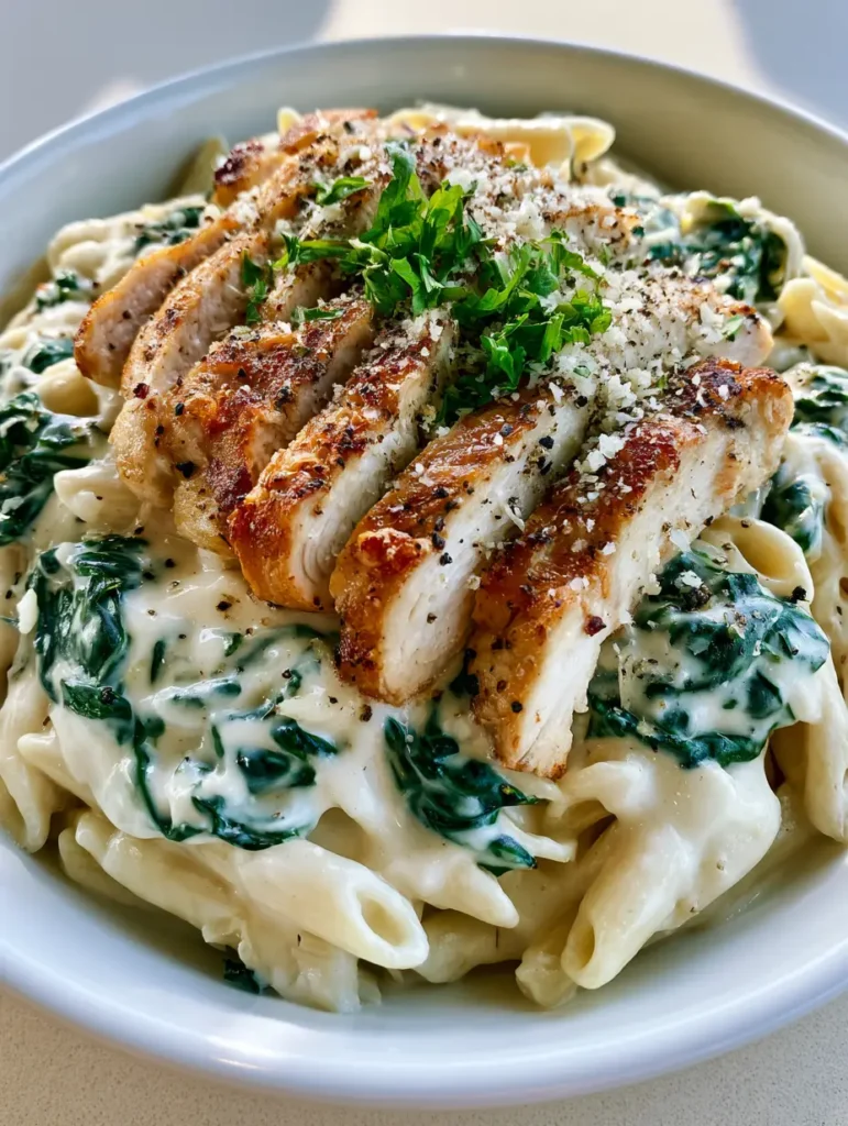A close-up handheld photo of Chicken Spinach Alfredo Pasta showing the creamy sauce and seared chicken edges.