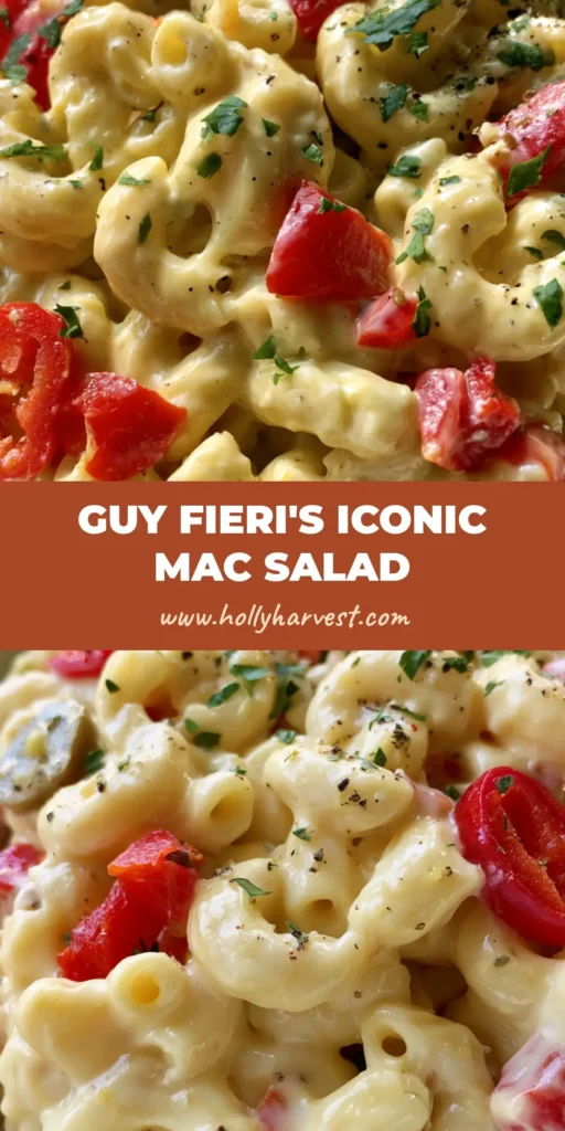 A shallow white bowl filled with creamy Guy Fieri Macaroni Salad, featuring glossy yellow dressing, red peppadews, and green pepperoncini.