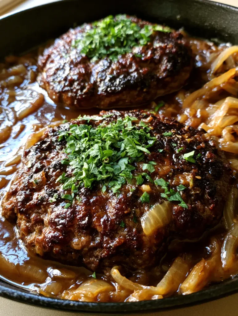 Close-up of thick glossy dark brown onion gravy covering two oval ground beef patties.