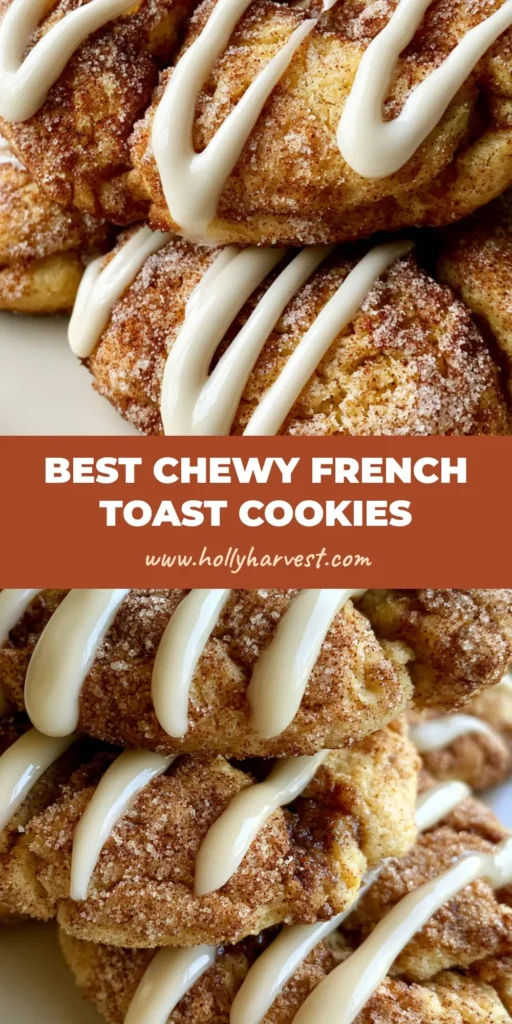 French Toast Cookies: The Ultimate Soft-Baked Maple Glazed Delight 4 A stack of thick, soft-baked French Toast Cookies on a white plate, featuring a cracked cinnamon sugar surface and thick zig-zag maple glaze drizzled over the top.
