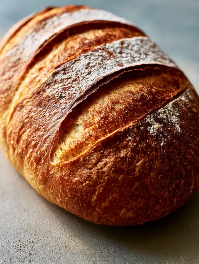 Close-up of a golden-brown crusty loaf of Italian bread showcasing the craggy texture and flour dusting. (Crusty Italian Bread Recipe)