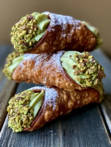 Close up of golden-brown fried cannoli shells with a bubbly texture and pistachio cream. (Pistachio Cannoli Recipe)