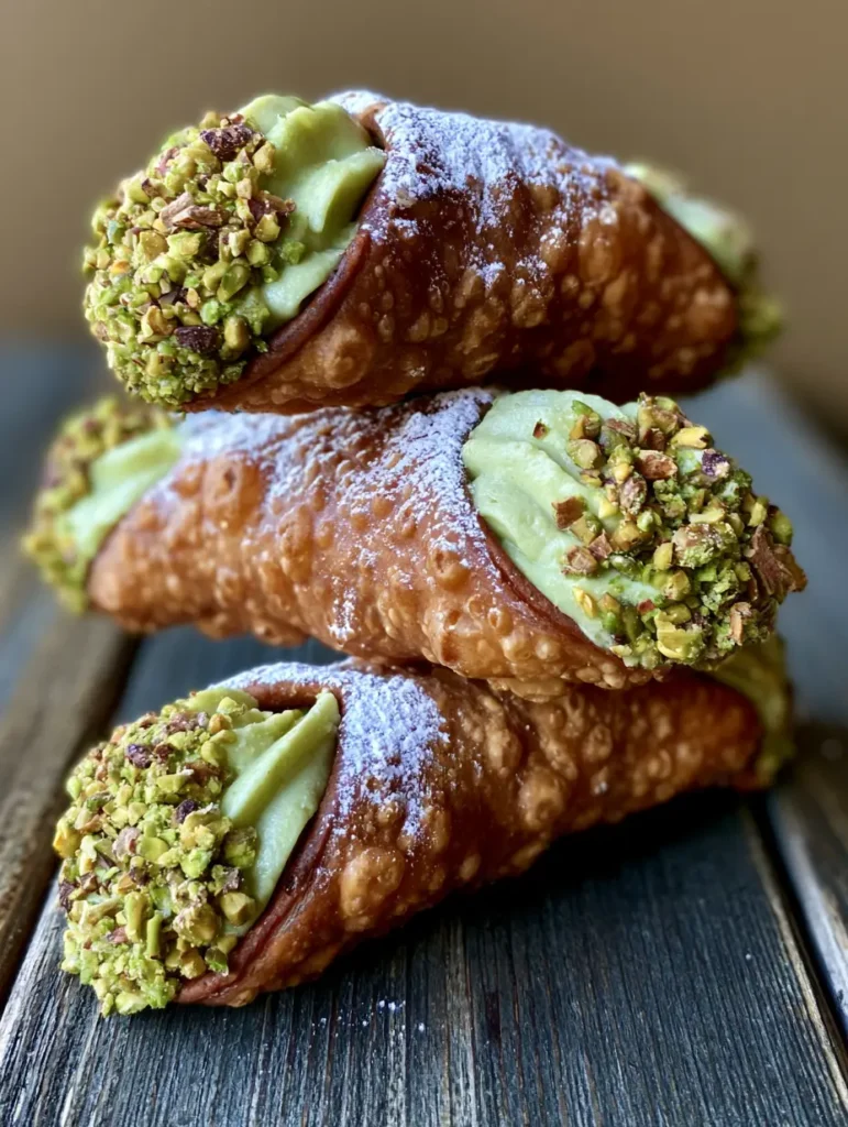 Close up of golden-brown fried cannoli shells with a bubbly texture and pistachio cream. (Pistachio Cannoli Recipe)