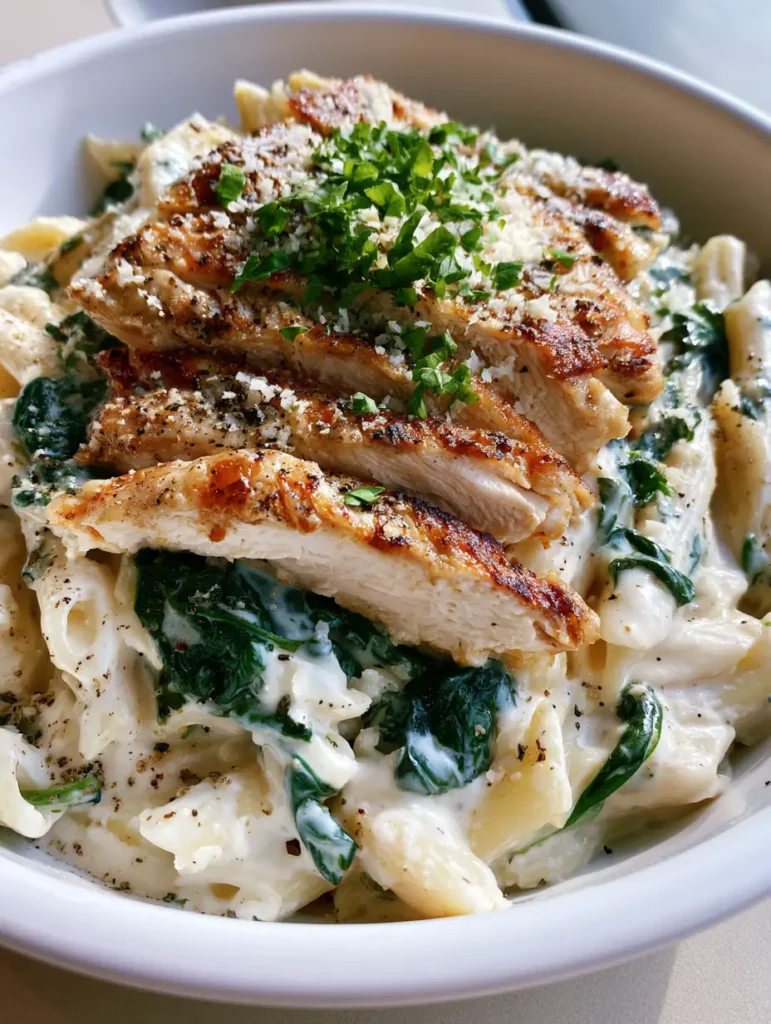 Detailed shot of wilted spinach and al dente penne pasta in a garlic alfredo sauce.