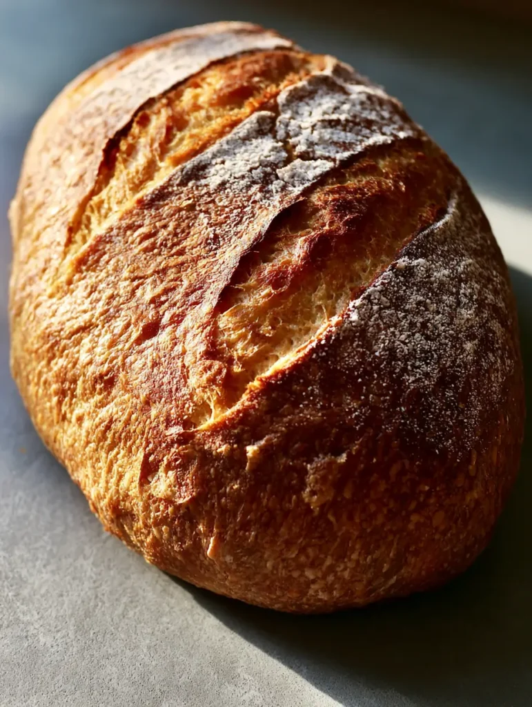 Crusty Italian Bread Recipe: The Ultimate Guide to Artisan Loaves 1 Eye-level shot of an oval crusty Italian bread loaf resting on a neutral gray surface with soft natural lighting.