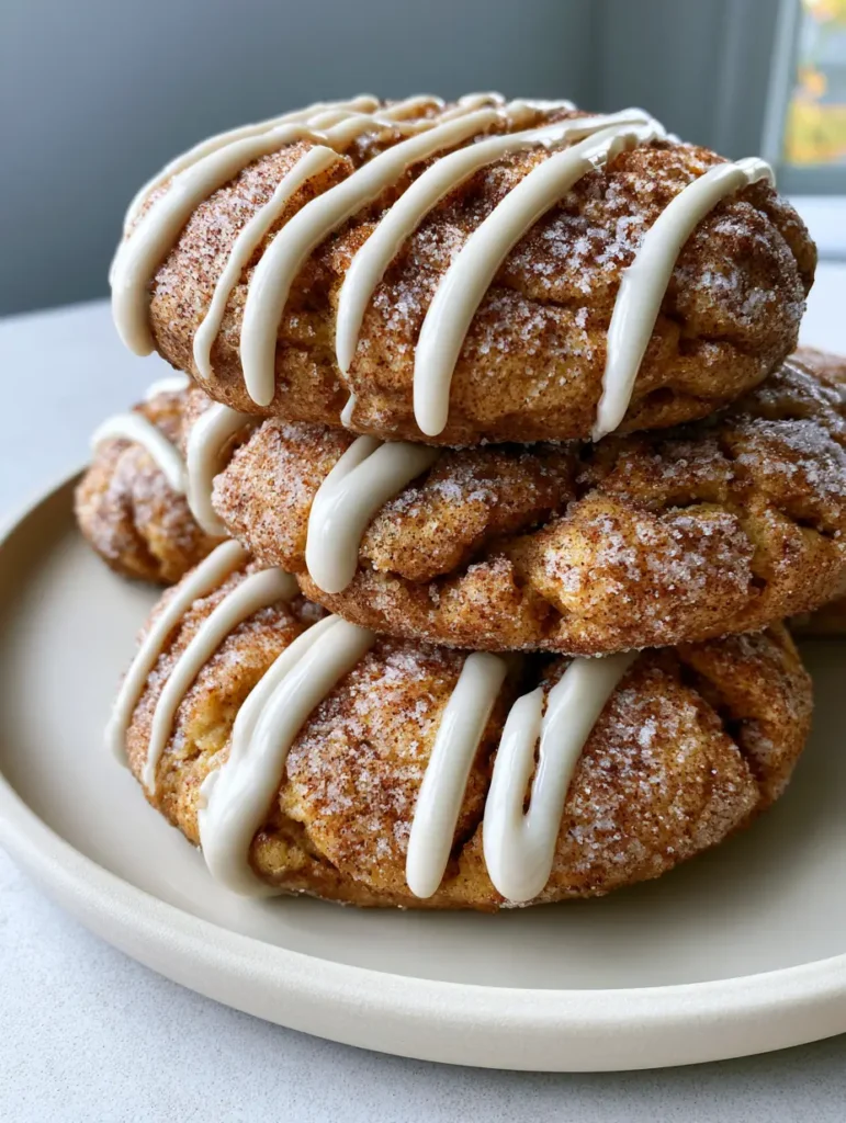 French Toast Cookies: The Ultimate Soft-Baked Maple Glazed Delight 2 Detailed handheld smartphone photo of French Toast Cookies stacked on an off-white ceramic plate with a visible chewy texture at the golden-brown edges.