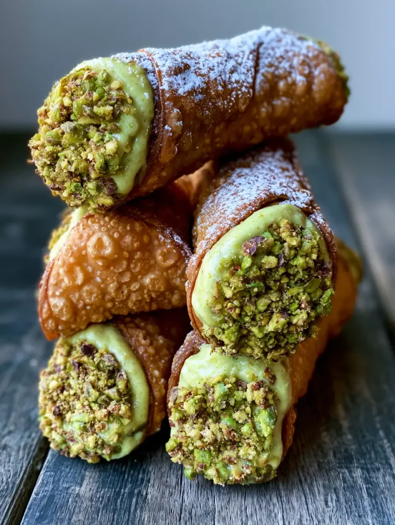 Three pistachio cannoli piled high, showing the thick mascarpone cream and roasted pistachio ends.