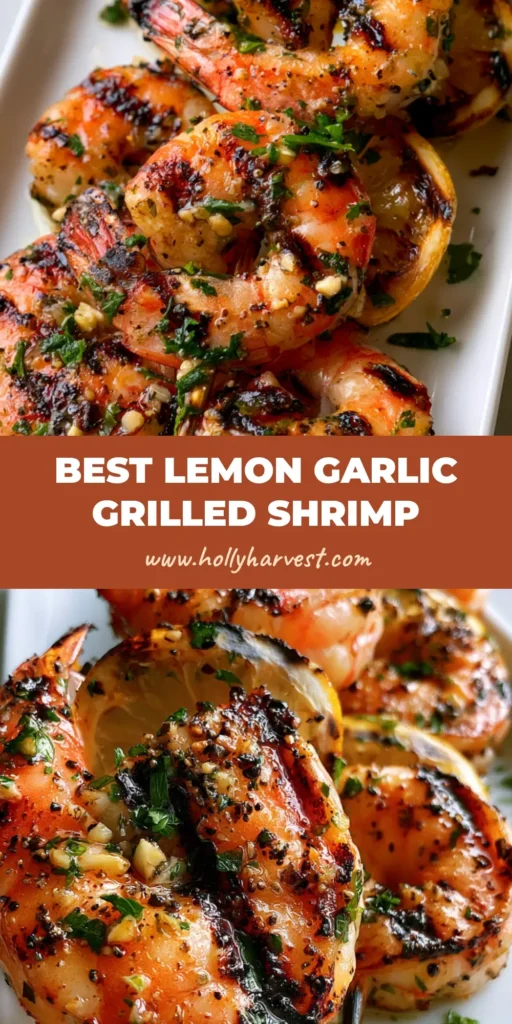 Grilled Shrimp Skewers with Lemon Garlic Herb Marinade 4 A stack of Grilled Shrimp Skewers with charred lemon slices on a white plate. (Grilled Shrimp Skewers)