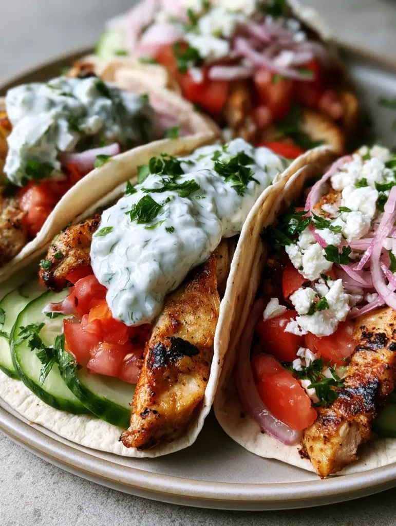 Mediterranean Chicken Tacos with Creamy Dill Tzatziki and Charred Chicken 1 Plated Mediterranean Chicken Tacos with visible green dill in the tzatziki and colorful red tomatoes. (Mediterranean Chicken Tacos)