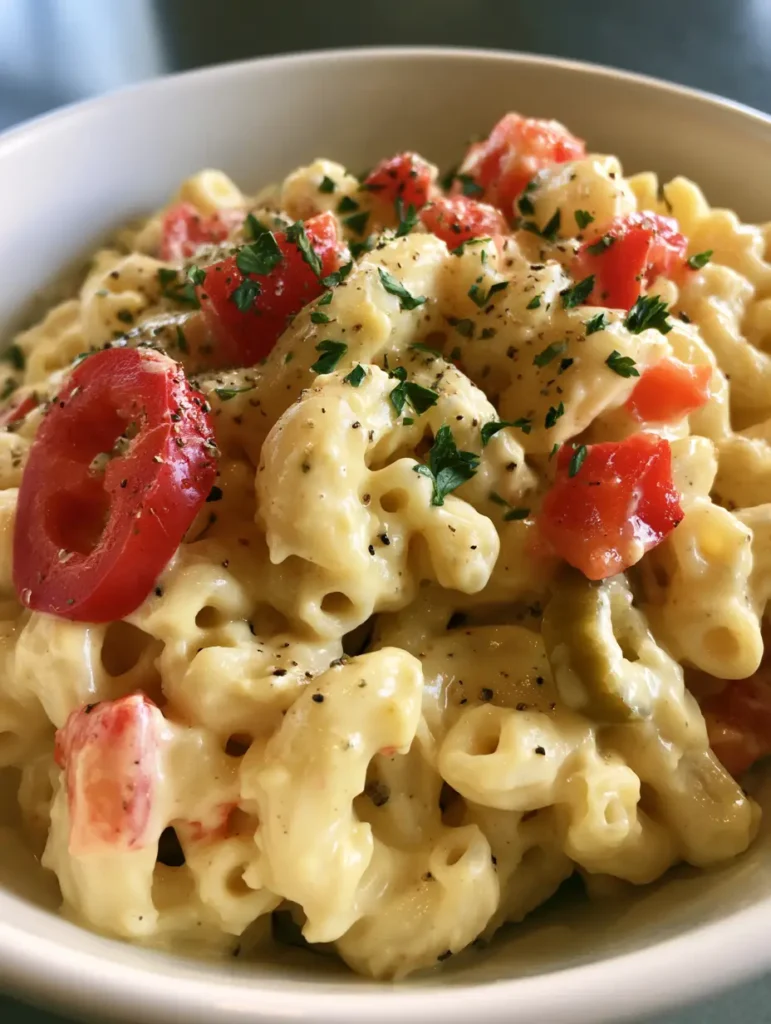 Close-up smartphone photo of Guy Fieri Macaroni Salad with thick garlic-mayo dressing, black pepper, and parsley.