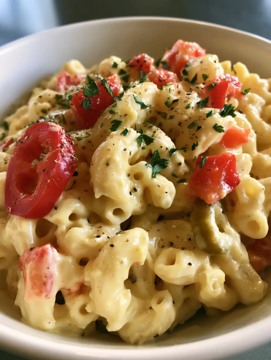 Close-up smartphone photo of Guy Fieri Macaroni Salad with thick garlic-mayo dressing, black pepper, and parsley.